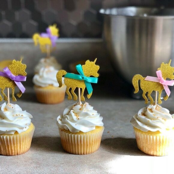 🌺 Gold Unicorn Cupcake Toppers & Classic Happy Birthday Banner - Picture 2 of 6